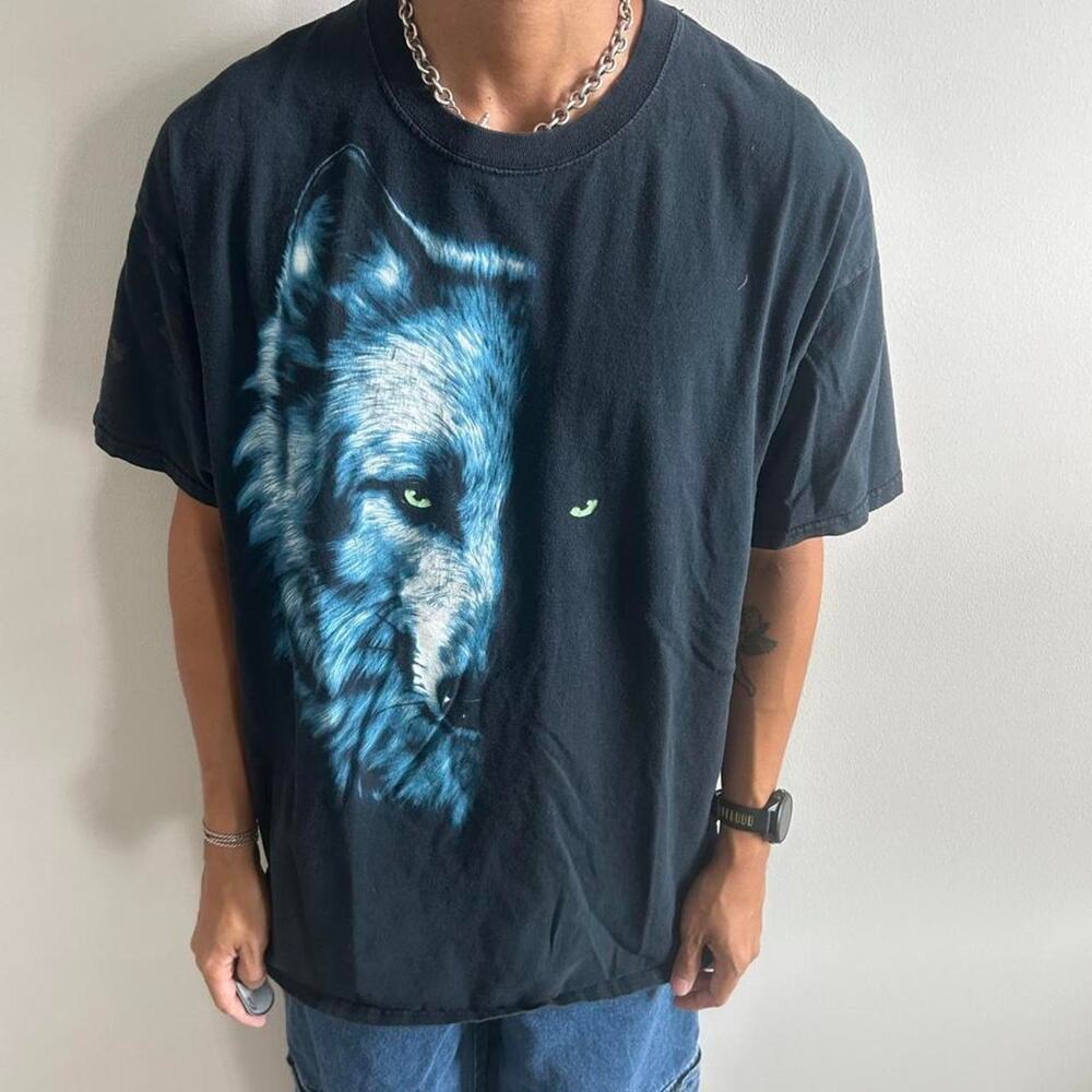 VTG Y2K Fruit of the Loom Wolf Graphic T Shirt Mens XL Black Nature Shrouded Eye